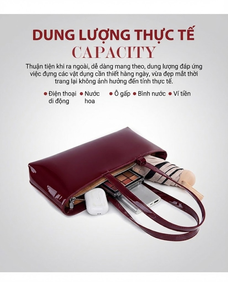 Túi Đeo Vai Nữ Da Bóng Lớn Cỡ Vừa Phong Cách Hàn Quốc Màu Đỏ Rượu chi tiết 10