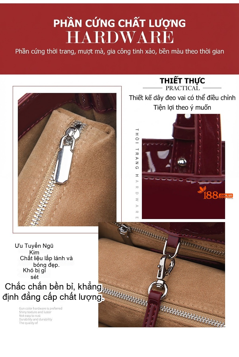 Túi Đeo Vai Nữ Da Bóng Lớn Cỡ Vừa Phong Cách Hàn Quốc Màu Đỏ Rượu chi tiết 9
