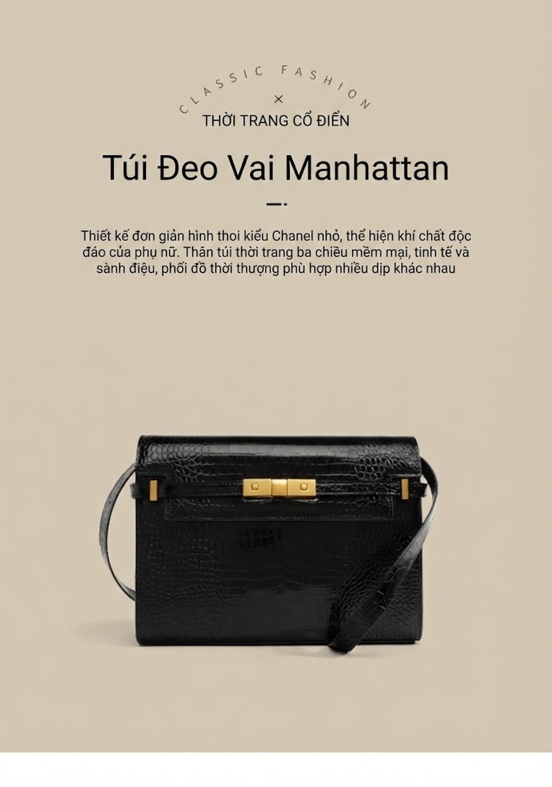 Túi Đeo Vai Nữ Da Bóng Manhattan Dáng Hộp Nắp Gập Size Lớn Màu Đen chi tiết 1