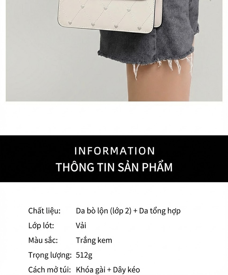 Túi Đeo Vai Nữ Da Bóng Mini Dáng Hộp Chữ Nhật Quai Xách Tay Dây Xích Màu Trắng Kem chi tiết 6
