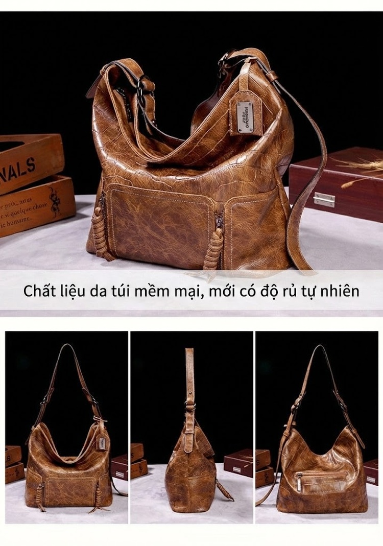 Túi Đeo Vai Nữ Da Bóng Phong Cách Âu Mỹ Cổ Điển, Túi Đeo Chéo, Túi Kẹp Nách, Túi Xô, Túi Yên Ngựa Màu Nâu chi tiết 4
