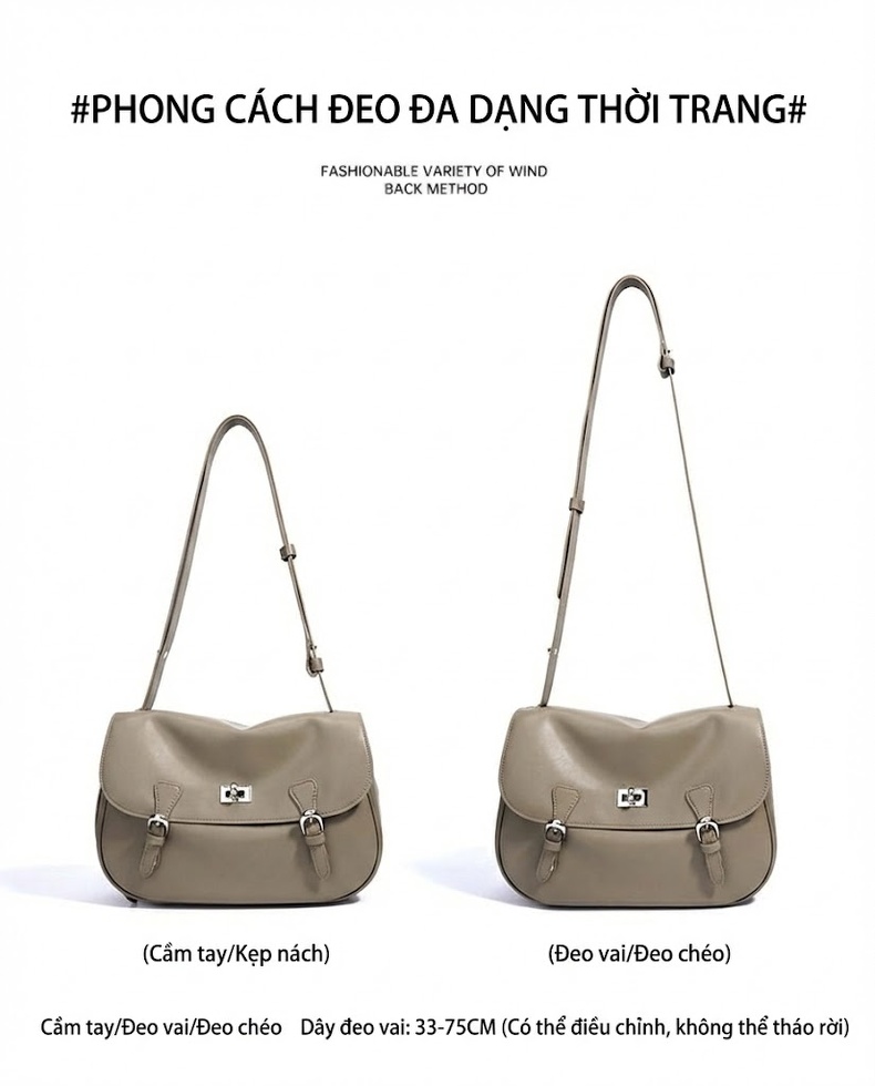 Túi Đeo Vai Nữ Da Bóng Phong Cách Cổ Điển Dung Tích Lớn Màu Xám, Trắng, Nâu chi tiết 9