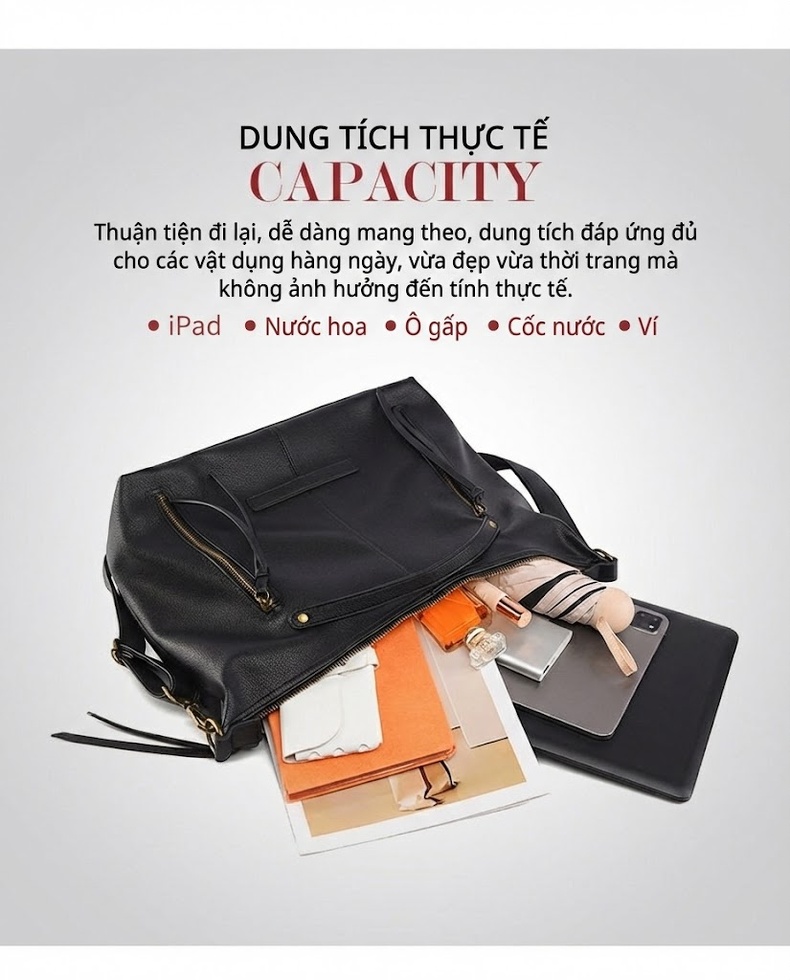 Túi Đeo Vai Nữ Da Bóng Phong Cách Hàn Quốc Vintage Dung Tích Lớn Màu Đen, Nâu chi tiết 12