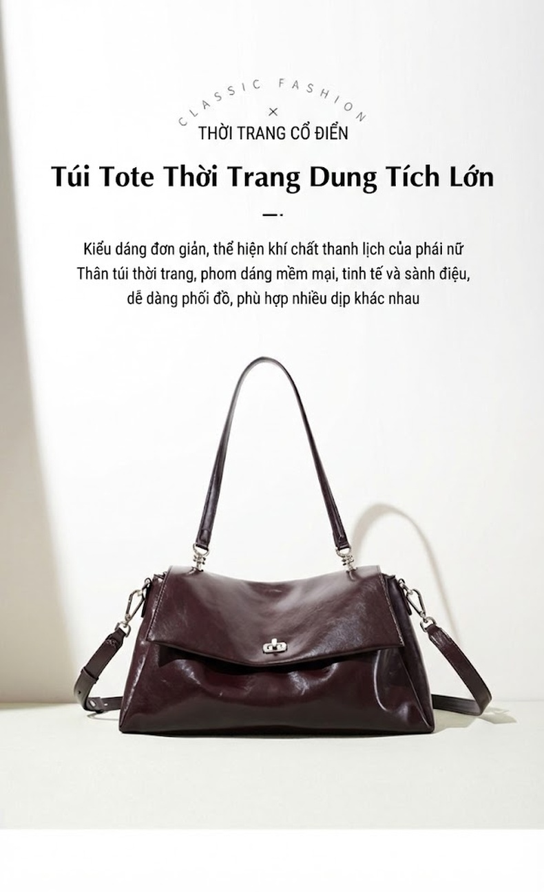 Túi Đeo Vai Nữ Da Bóng Thời Trang Thu Đông Sức Chứa Lớn Màu Đỏ Rượu Vang chi tiết 6