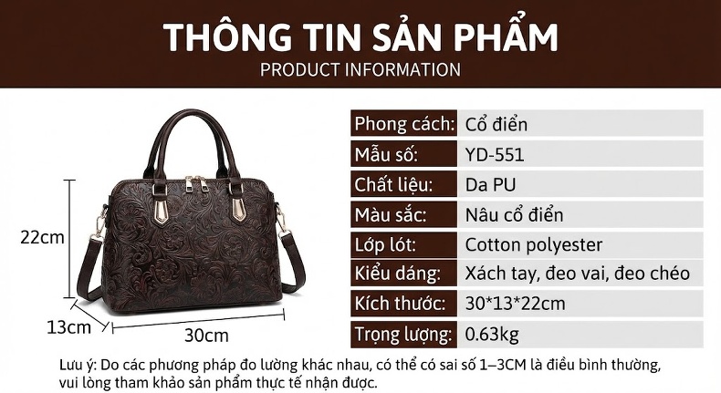 Túi Đeo Vai Nữ Da Bóng Thủ Công Mỹ Nghệ Phong Cách Cổ Điển chi tiết 3