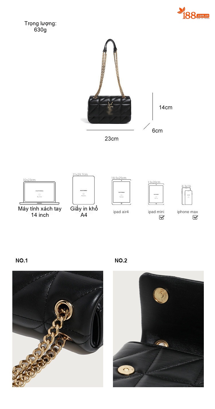 Túi Đeo Vai Nữ Da Bóng Trám Ô Đeo Nách Túi Kẹp Nách Mini Dây Xích Đeo Chéo Màu Đen, Trắng chi tiết 3