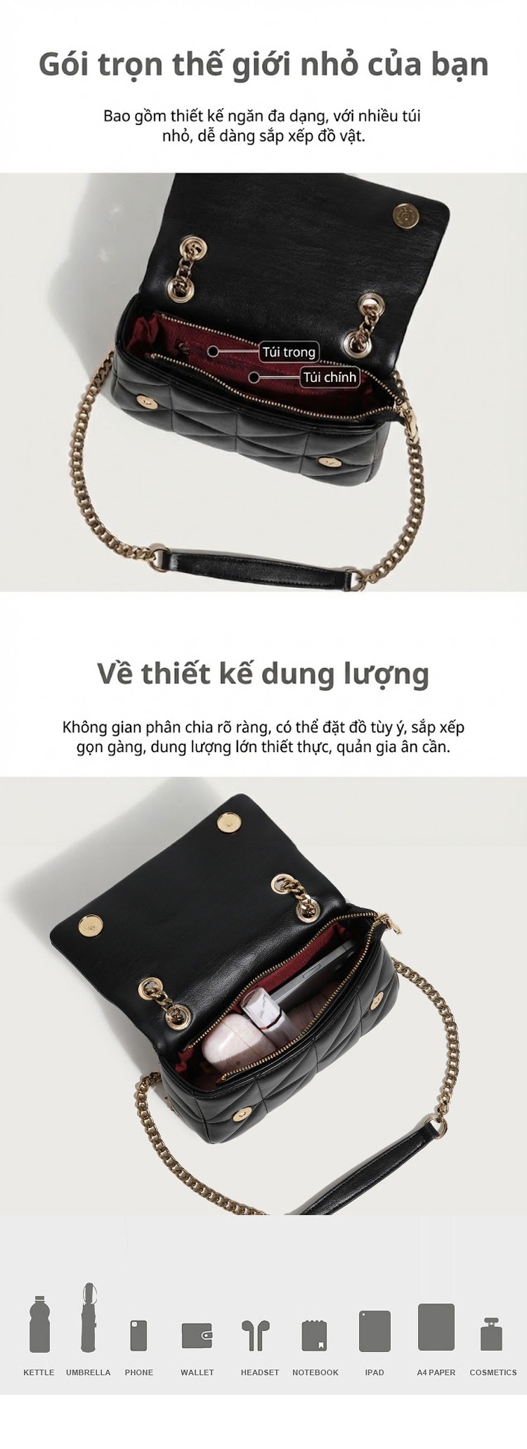 Túi Đeo Vai Nữ Da Bóng Trám Ô Đeo Nách Túi Kẹp Nách Mini Dây Xích Đeo Chéo Màu Đen, Trắng chi tiết 4