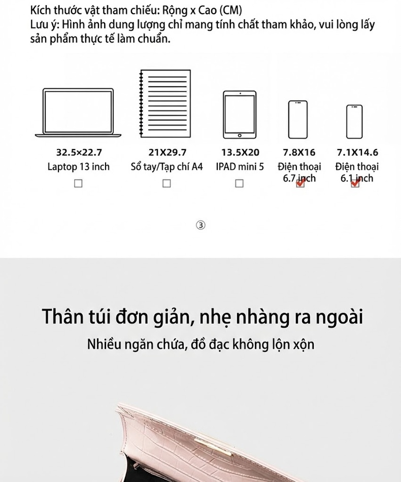 Túi Đeo Vai Nữ Da Bóng, Túi Xách Tay Mini Thời Trang Màu Hồng chi tiết 8