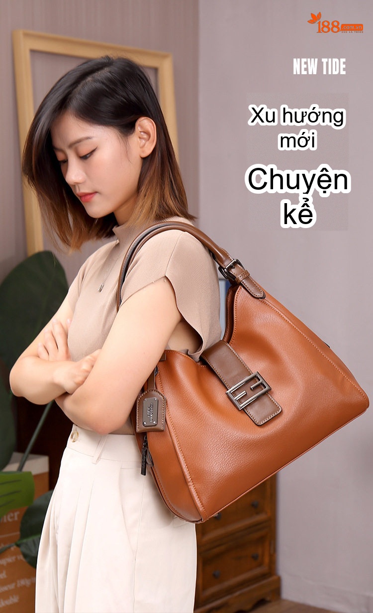 Túi Đeo Vai Nữ Da Bóng Vintage Bầu Dục Lớn Màu Nâu chi tiết 1