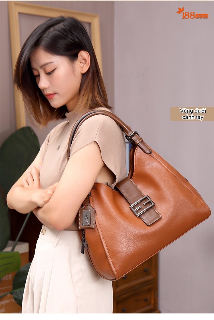 Túi Đeo Vai Nữ Da Bóng Vintage Bầu Dục Lớn Màu Nâu chi tiết 9