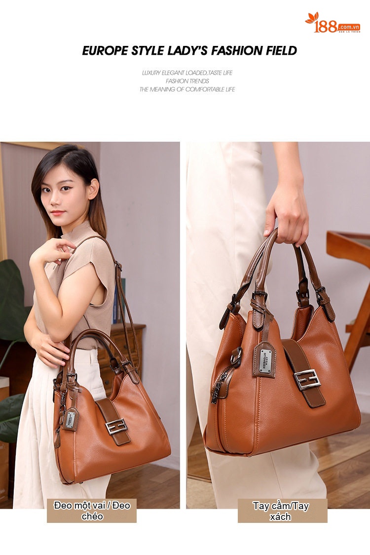 Túi Đeo Vai Nữ Da Bóng Vintage Bầu Dục Lớn Màu Nâu chi tiết 10