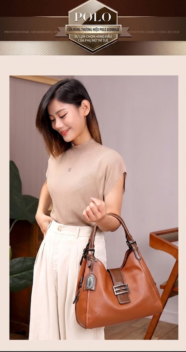 Túi Đeo Vai Nữ Da Bóng Vintage Bầu Dục Lớn Màu Nâu chi tiết 14