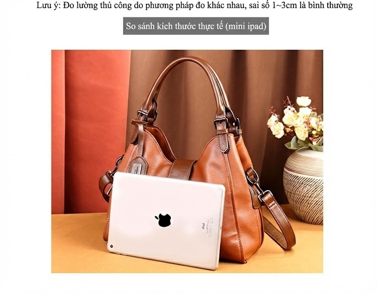 Túi Đeo Vai Nữ Da Bóng Vintage Bầu Dục Lớn Màu Nâu chi tiết 21