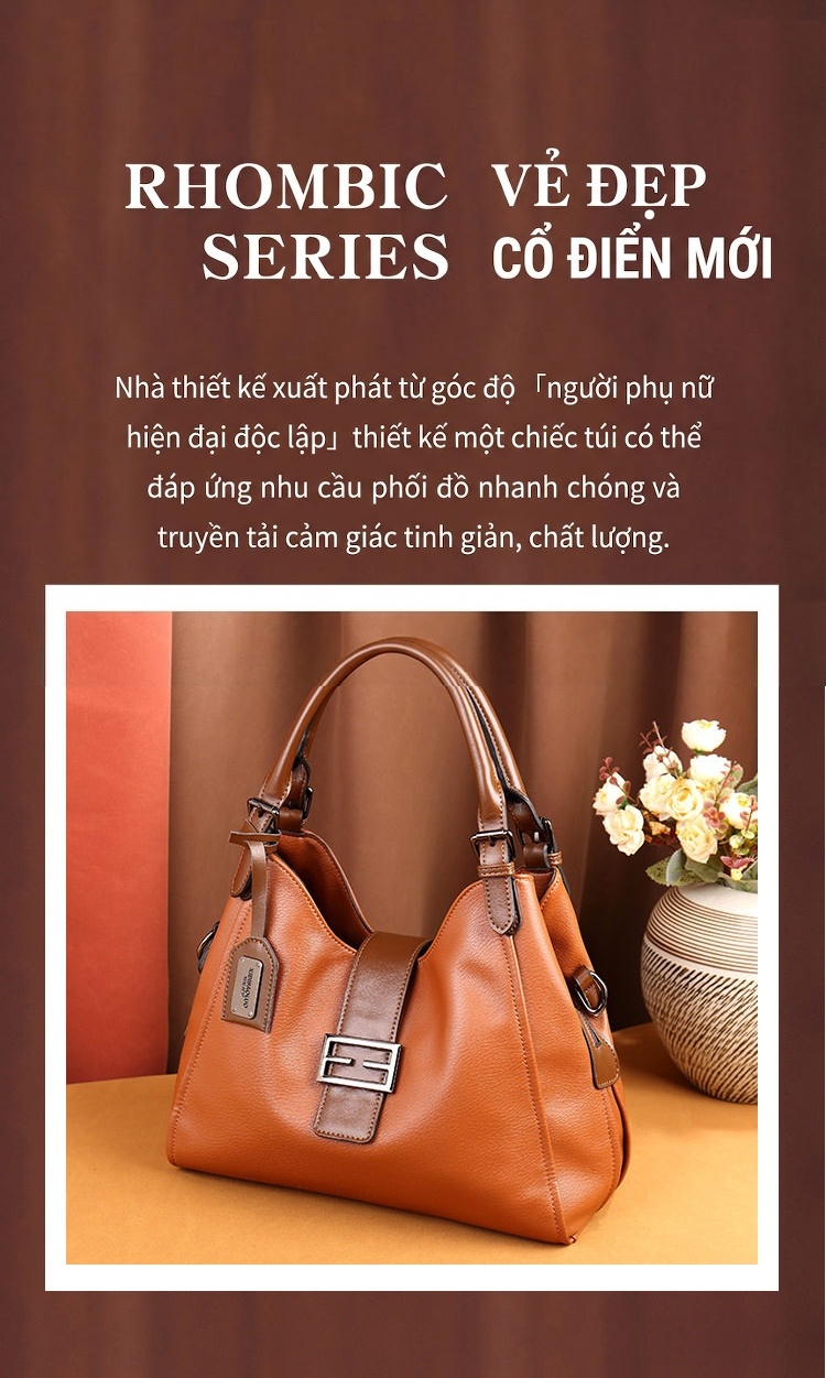 Túi Đeo Vai Nữ Da Bóng Vintage Bầu Dục Lớn Màu Nâu chi tiết 2