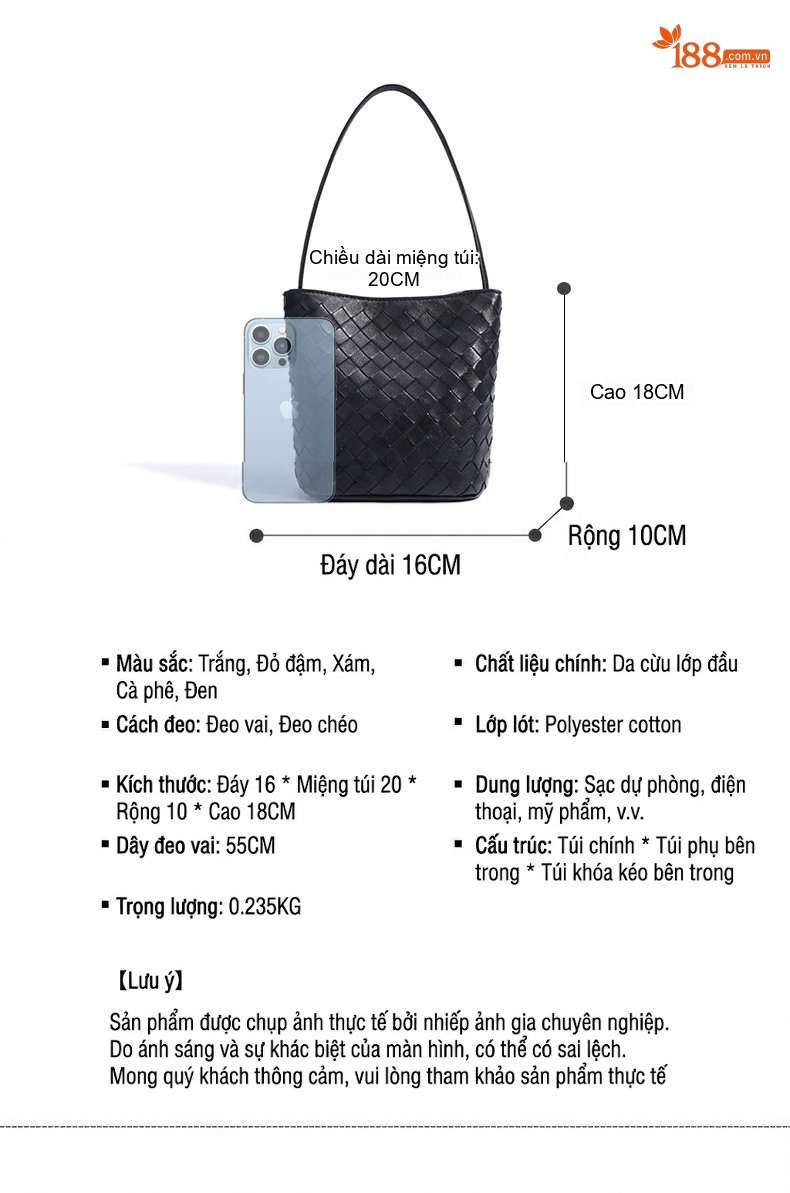 Túi Đeo Vai Nữ Da Cừu Đan Móc Kiểu Dáng Bucket Thời Trang Màu Đen, Nâu, Đỏ chi tiết 9