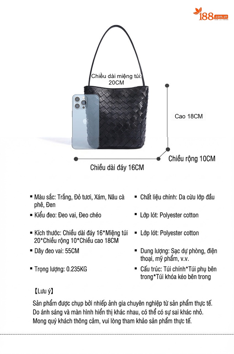 Túi Đeo Vai Nữ Da Cừu Đan Móc Kiểu Dáng Bucket Thời Trang Màu Đen, Nâu, Đỏ chi tiết 25