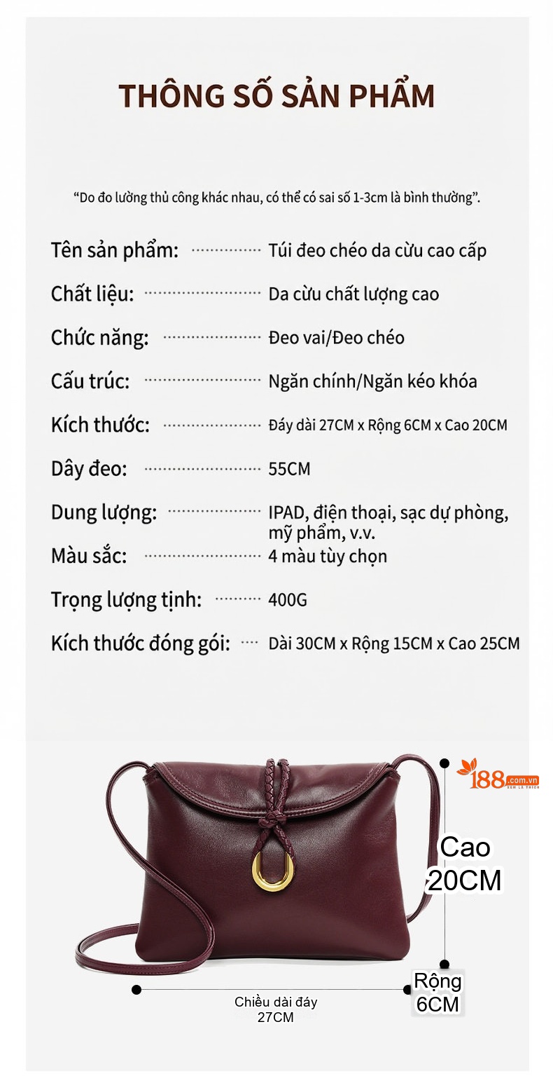 Túi Đeo Vai Nữ Da Cừu Thật Đeo Chéo Phong Cách Công Sở Màu Đen, Xám Xanh chi tiết 4