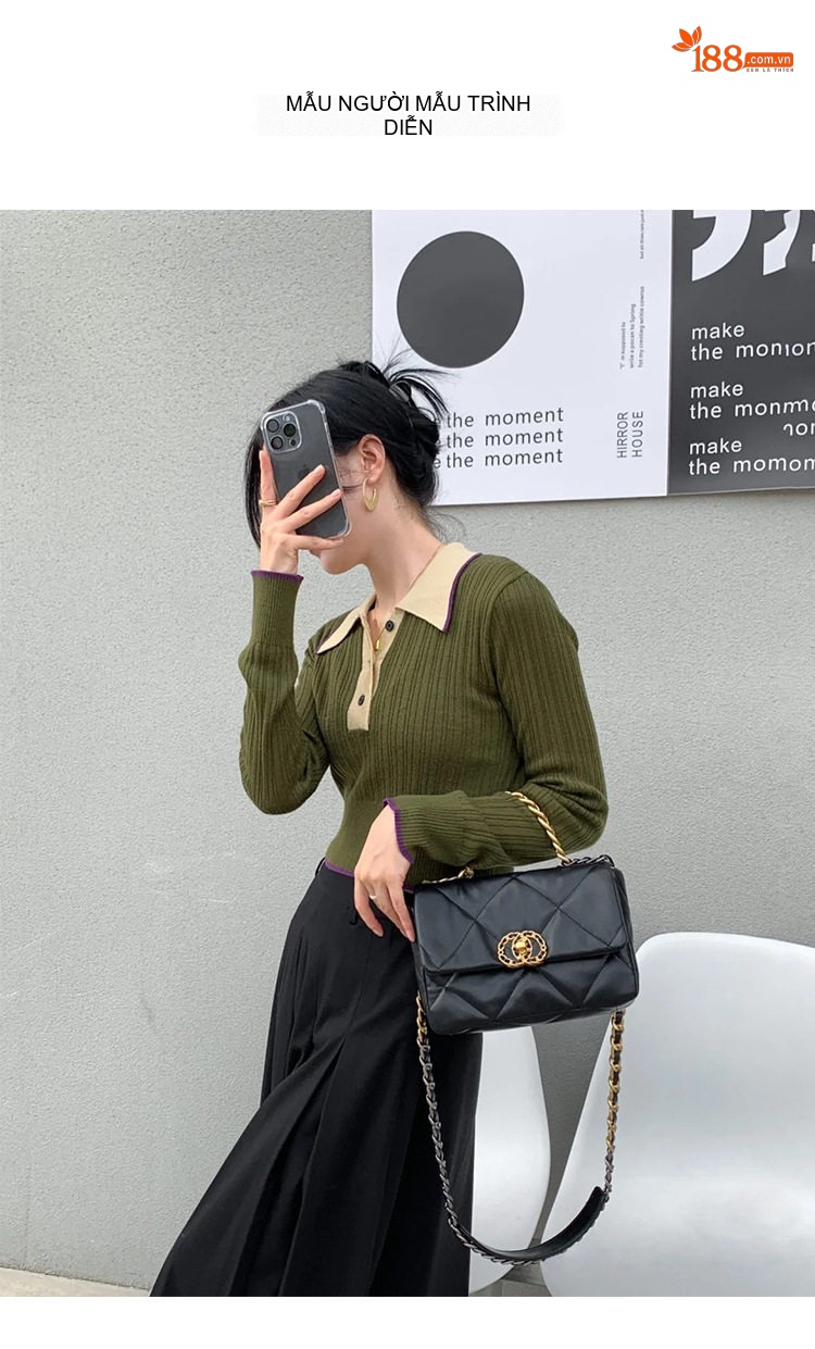 Túi Đeo Vai Nữ Da Cừu Trám Ô Khóa Xoay Dây Xích Đeo Chéo Màu Đen chi tiết 7