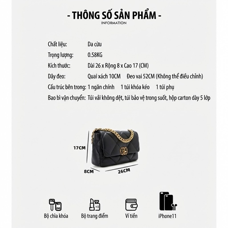 Túi Đeo Vai Nữ Da Cừu Trám Ô Khóa Xoay Dây Xích Đeo Chéo Màu Đen