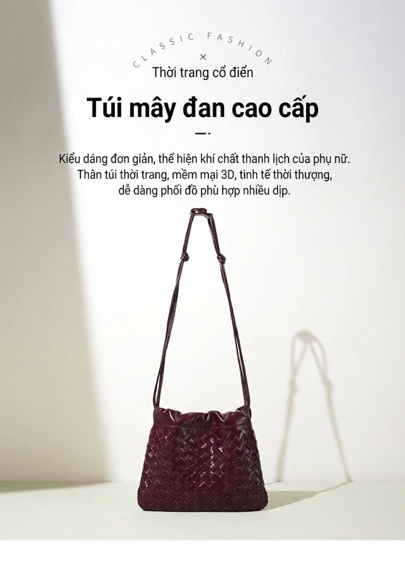 Túi Đeo Vai Nữ Da Cừu Vân Đan Dây Rút Kiểu Túi Dumpling Cao Cấp Màu Đen, Đỏ Rượu chi tiết 2