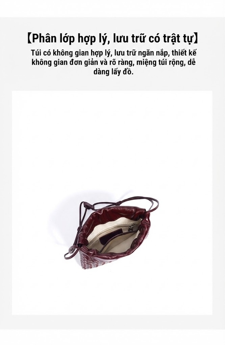 Túi Đeo Vai Nữ Da Cừu Vân Đan Dây Rút Kiểu Túi Dumpling Cao Cấp Màu Đen, Đỏ Rượu chi tiết 9