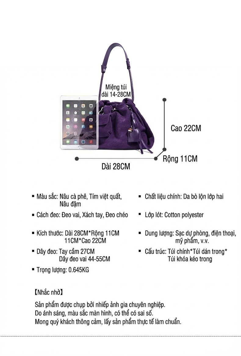 Túi Đeo Vai Nữ Da Lộn Kiểu Dáng Cloud Bag Thời Trang Công Sở Màu Tím, Nâu chi tiết 7