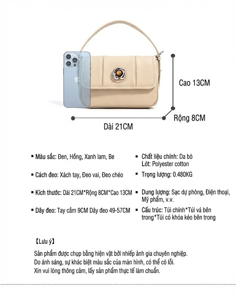Túi Đeo Vai Nữ Da Mềm Cao Cấp Thiết Kế Tối Giản Màu Kem, Xanh Dương, Đen chi tiết 6