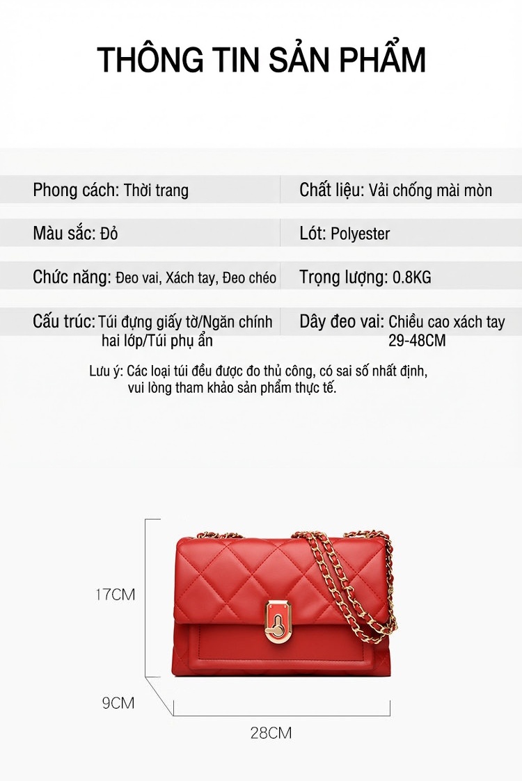 Túi Đeo Vai Nữ Da Mềm Chần Trám Dây Xích Đeo Chéo Dung Tích Lớn Màu Đỏ chi tiết 3