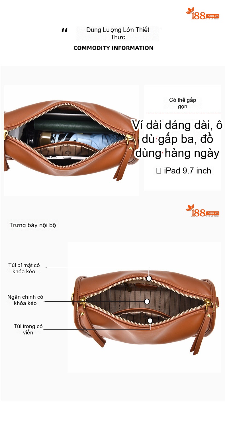 Túi Đeo Vai Nữ Da Mềm Sức Chứa Lớn Kiểu Dáng Đeo Chéo, Đeo Dưới Cánh Tay Màu Nâu, Vàng chi tiết 5
