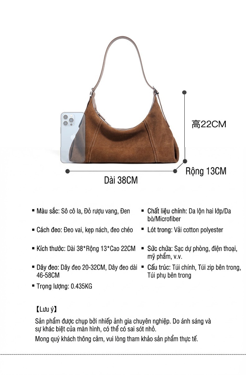 Túi Đeo Vai Nữ Da Mờ Dáng Bánh Bao Đeo Nách Đeo Chéo Đa Năng Màu Nâu, Đen, Đỏ Rượu chi tiết 8