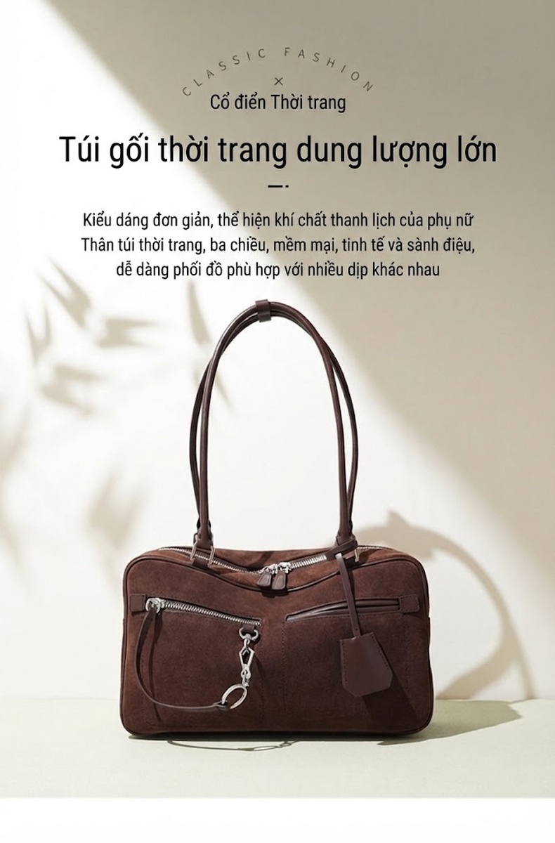 Túi Đeo Vai Nữ Da Mờ Dáng Gối Tối Giản Phong Cách Vintage Màu Xanh Navy, Xanh Rêu, Nâu, Đỏ Rượu Vang chi tiết 1