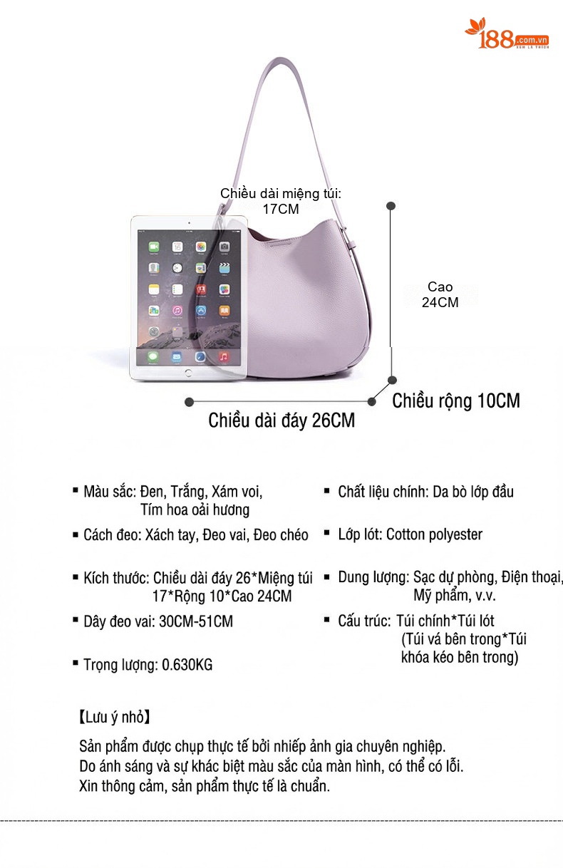 Túi Đeo Vai Nữ Da Mờ Dáng Tote, Túi Đeo Chéo Nữ Da Mờ Dây Bản Rộng, Túi Bucket Nữ Da Mờ Màu Tím, Nâu, Đen chi tiết 7