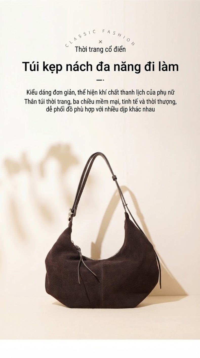 Túi Đeo Vai Nữ Da Mờ Dáng Túi Gập Phong Cách Retro Màu Xanh Navy, Nâu, Tím chi tiết 1