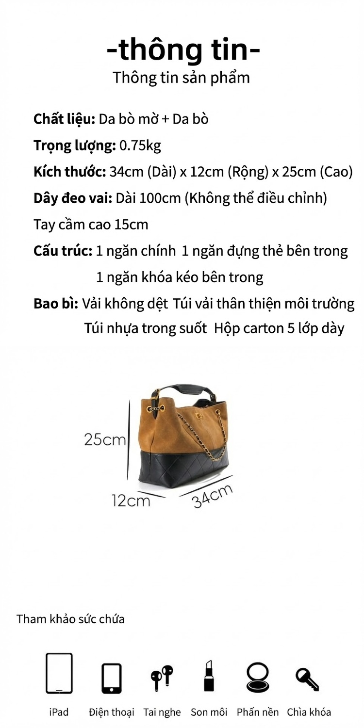 Túi Đeo Vai Nữ Da Mờ Hình Thoi Quai Xích Cổ Điển Màu Nâu, Đen, Xám... chi tiết 3