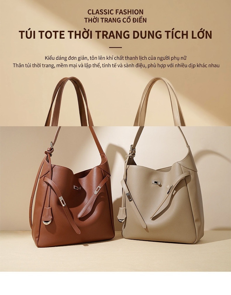 Túi Đeo Vai Nữ Da Mờ Khóa Thắt Lưng Kiểu Dáng Bucket Màu Nâu, Be chi tiết 1