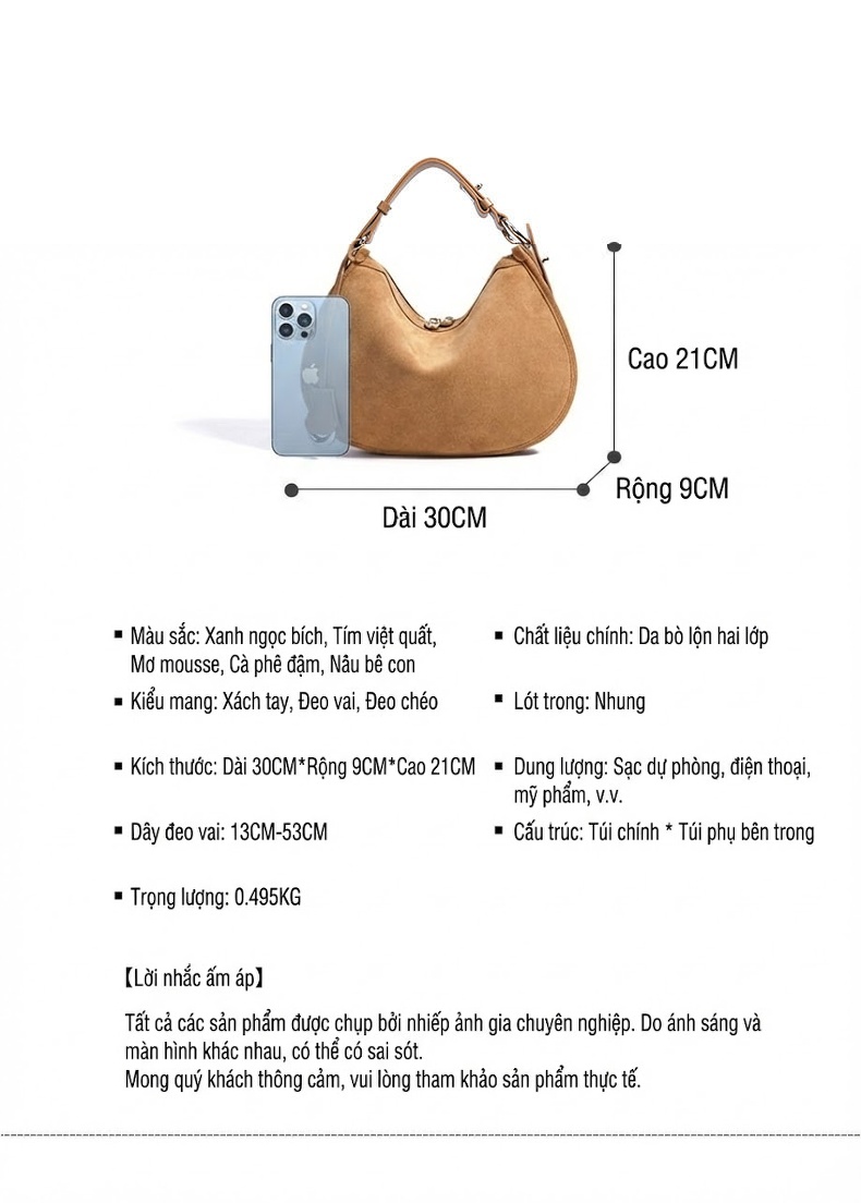 Túi Đeo Vai Nữ Da Mờ Kiểu Dáng Bánh Sủi Cảo Đeo Chéo Thanh Lịch Màu Nâu, Xanh Dương chi tiết 8