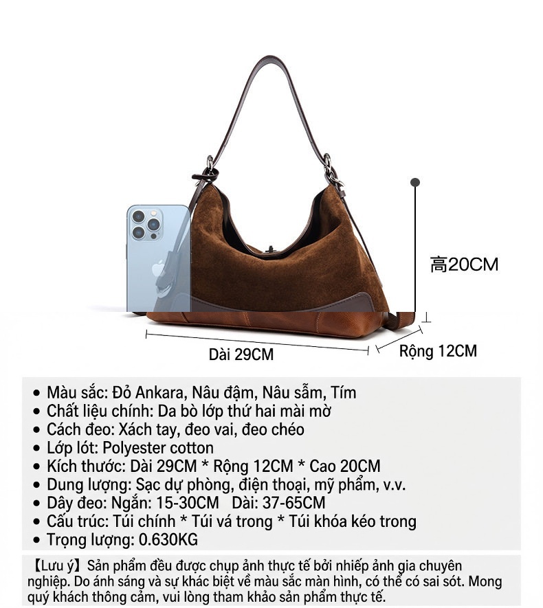 Túi Đeo Vai Nữ Da Mờ Kiểu Dáng Cổ Điển Đựng Vừa A4 Màu Nâu, Tím chi tiết 8