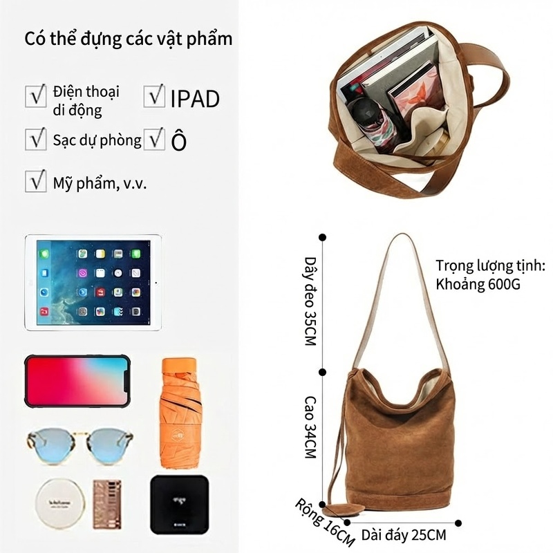 Túi Đeo Vai Nữ Da Mờ Phong Cách Vintage, Túi Bucket Lớn Đựng Đồ Đi Làm Màu Nâu