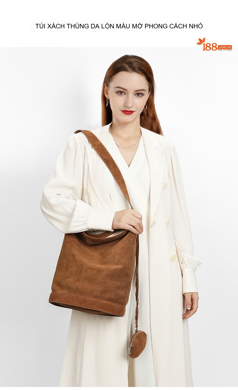 Túi Đeo Vai Nữ Da Mờ Phong Cách Vintage, Túi Bucket Lớn Đựng Đồ Đi Làm Màu Nâu chi tiết 2