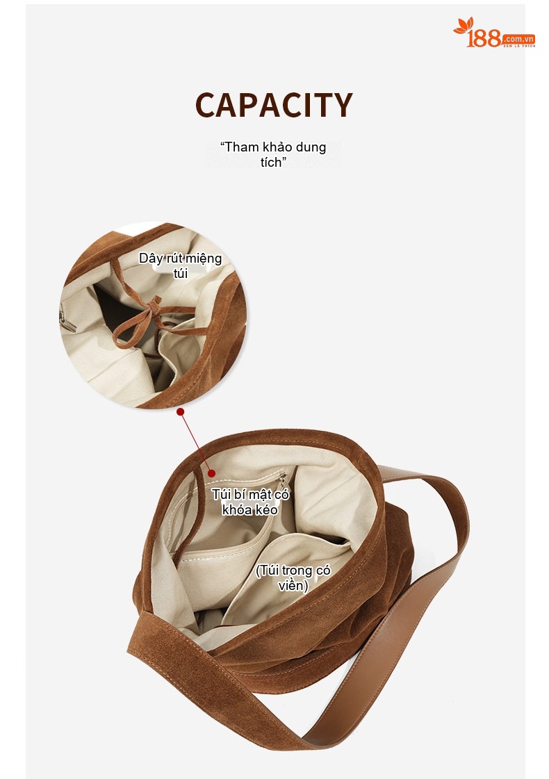 Túi Đeo Vai Nữ Da Mờ Phong Cách Vintage, Túi Bucket Lớn Đựng Đồ Đi Làm Màu Nâu chi tiết 6