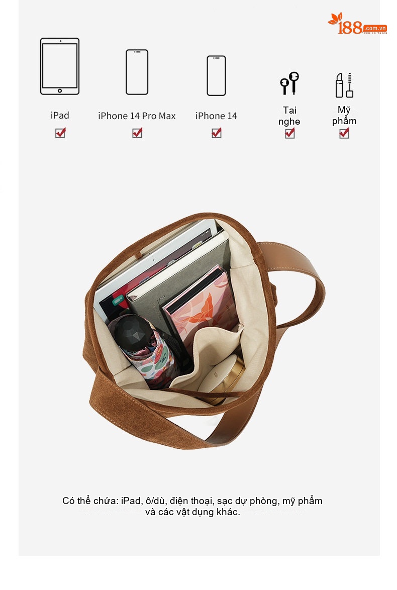 Túi Đeo Vai Nữ Da Mờ Phong Cách Vintage, Túi Bucket Lớn Đựng Đồ Đi Làm Màu Nâu chi tiết 7