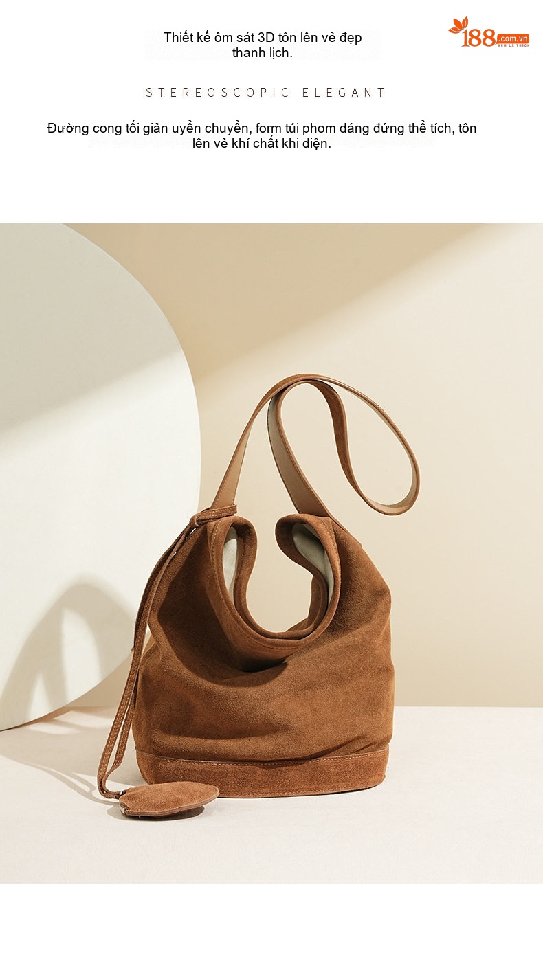 Túi Đeo Vai Nữ Da Mờ Phong Cách Vintage, Túi Bucket Lớn Đựng Đồ Đi Làm Màu Nâu chi tiết 17
