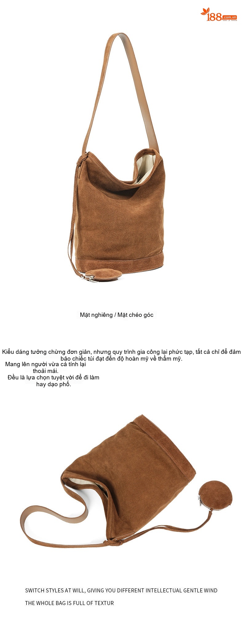 Túi Đeo Vai Nữ Da Mờ Phong Cách Vintage, Túi Bucket Lớn Đựng Đồ Đi Làm Màu Nâu chi tiết 22
