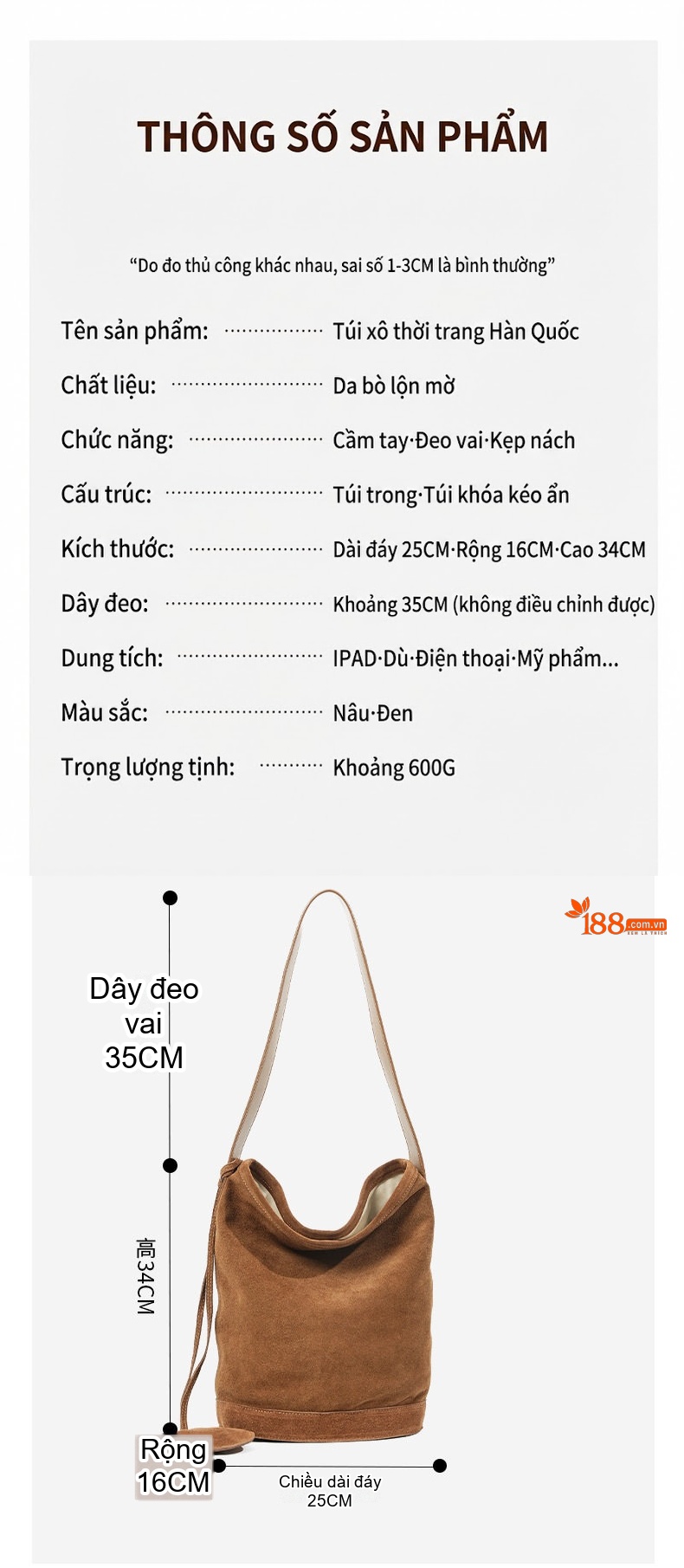 Túi Đeo Vai Nữ Da Mờ Phong Cách Vintage, Túi Bucket Lớn Đựng Đồ Đi Làm Màu Nâu chi tiết 5