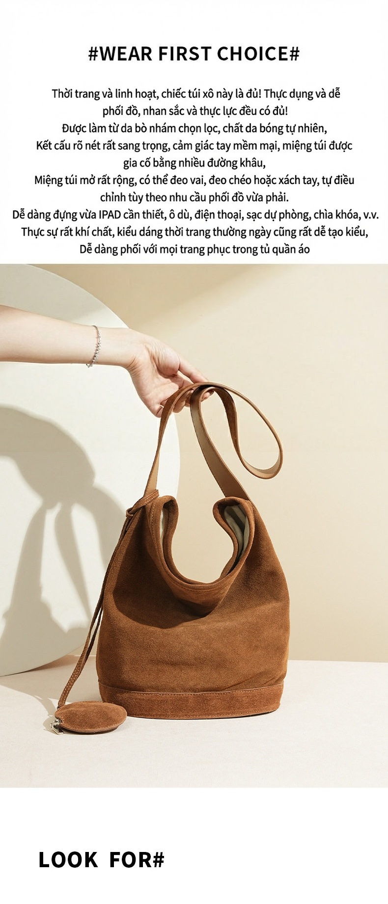 Túi Đeo Vai Nữ Da Mờ Phong Cách Vintage, Túi Bucket Lớn Đựng Đồ Đi Làm Màu Nâu chi tiết 8