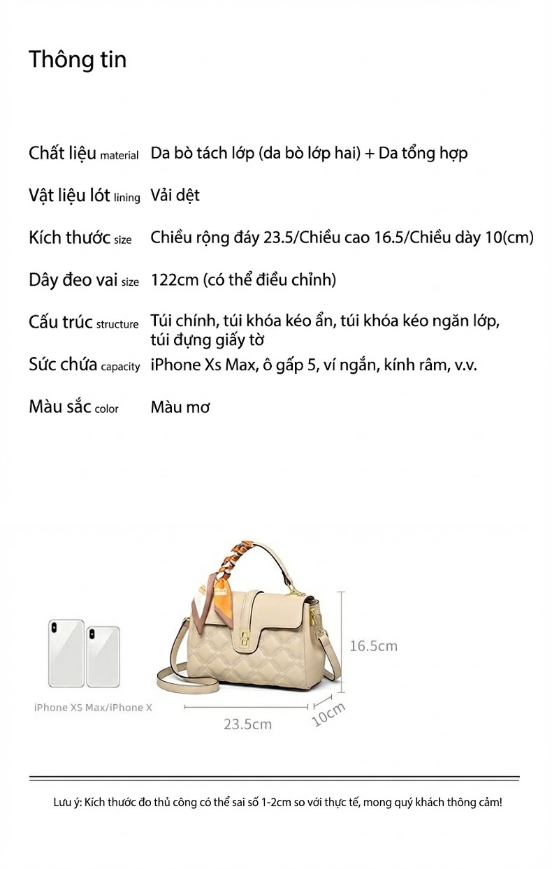 Túi Đeo Vai Nữ Da Mờ Quilted Công Sở, Túi Xách Tay Nữ Lớn Cho Mẹ Bỉm Sữa Màu Kem chi tiết 4