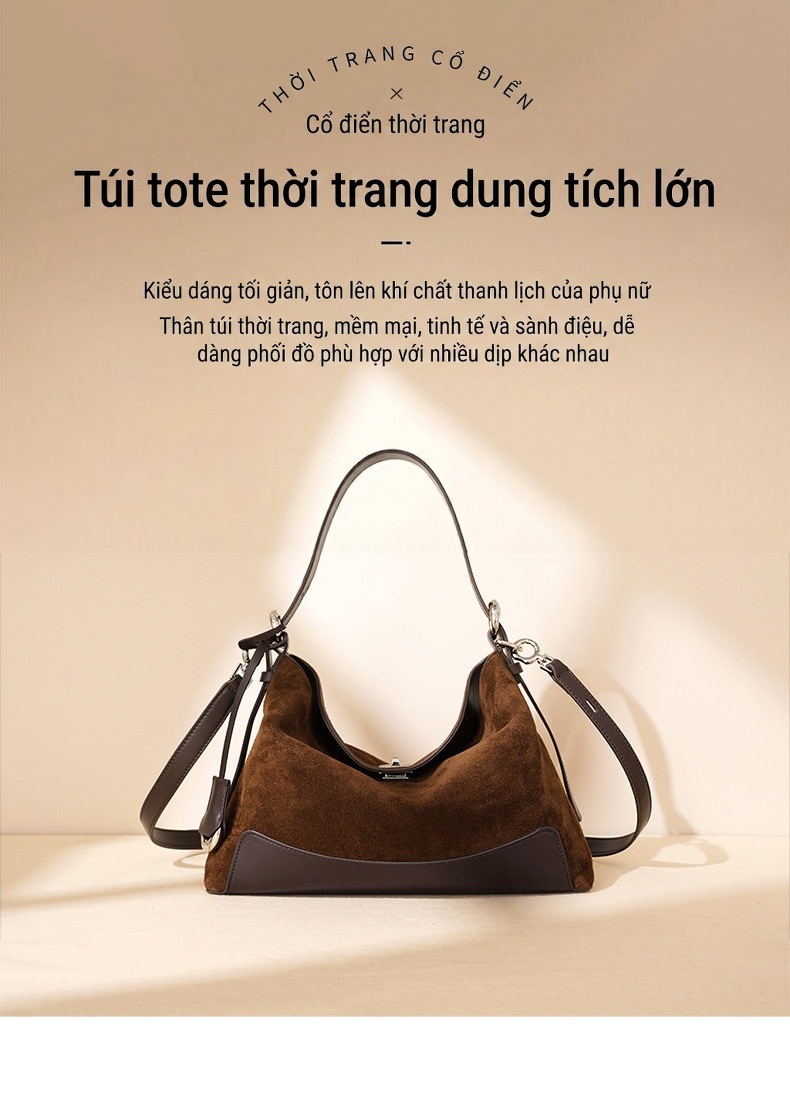 Túi Đeo Vai Nữ Da Mờ Sức Chứa Lớn Đeo Chéo Dáng Tote Phong Cách Cổ Điển Màu Nâu, Nâu Đậm chi tiết 1