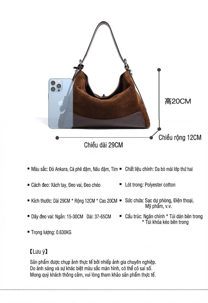 Túi Đeo Vai Nữ Da Mờ Sức Chứa Lớn Đeo Chéo Dáng Tote Phong Cách Cổ Điển Màu Nâu, Nâu Đậm chi tiết 8