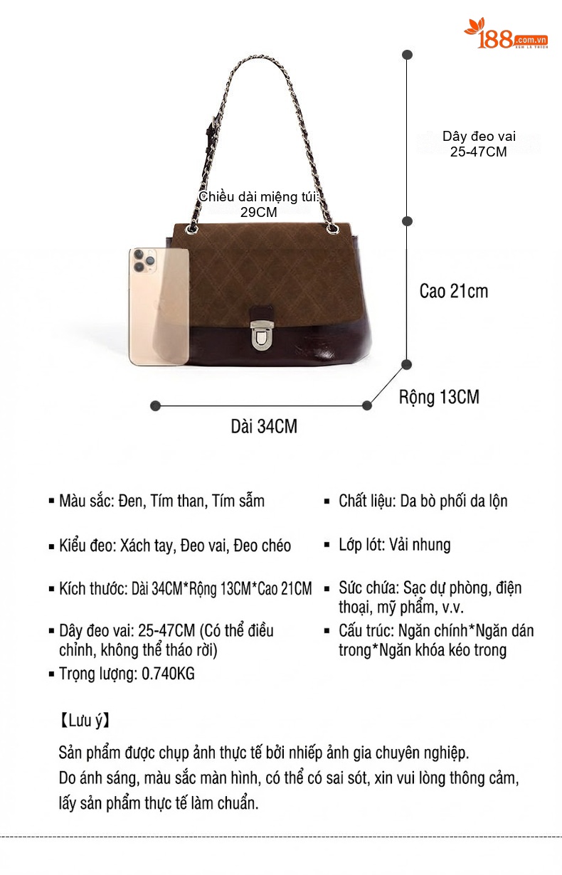 Túi Đeo Vai Nữ Da Mờ Sức Chứa Lớn Họa Tiết Ô Trám Màu Nâu, Be, Đen chi tiết 7