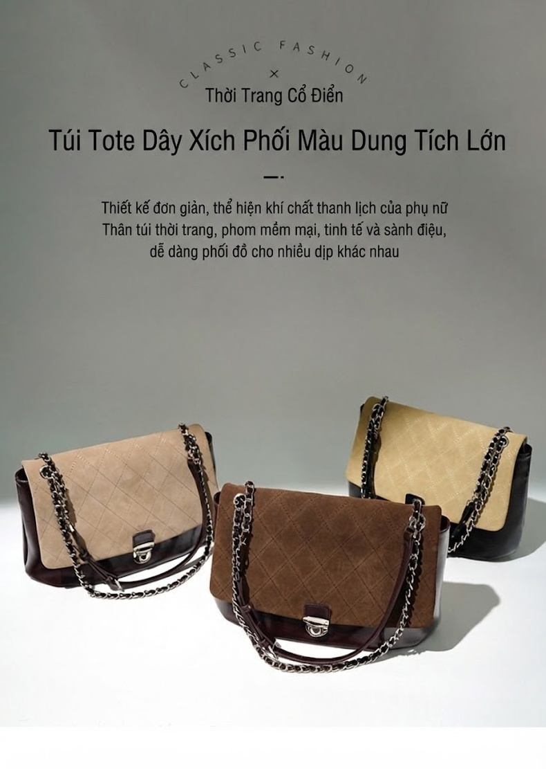 Túi Đeo Vai Nữ Da Mờ Sức Chứa Lớn Họa Tiết Ô Trám Màu Nâu, Be, Đen chi tiết 1